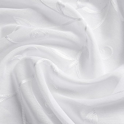 VISIONTEX Sheer Voile Curtains, Decorative White Leaves Embroidery Faux Linen Rod Pocket Window Drapes for Home Kitchen, Living Room and Bedroom 54 x 54 Inch, Set of 2 Curtain Panels