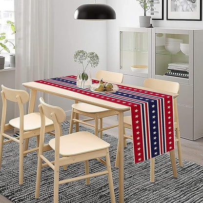 4th of July Table Runner, USA Flag Stars Stripes American Independence Day Red Blue White Stars Lines Print Table Cover for Farmhouse Kitchen Indoor Outdoor Home Party, 13x120inch