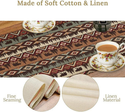 Retro Cabin Table Runner Rustic Bear Forest Farmhouse Lodge Jungle Table Runner for Dinner Party Living Room Kitchen Aztec Vintage 13x70 Inch