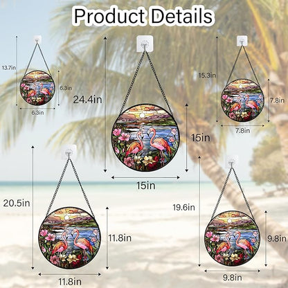 Stained Glass Window Hanging - Flamingo Wildflowers Landscape Suncatcher for Door Terrace Garden Home Decor Sunset Lake Sun Catcher Birthday Gifts for Lovers Women Men Dad Mom Nana 9.8 in