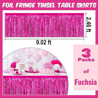 3 Pack Fuchsia Foil Fringe Table Skirts Metallic Tinsel Streamers Garland Banner Backdrop for Table Decor, Parade Float, Birthday, Wedding, Halloween, Christmas Party Decorations(29x108 In)
