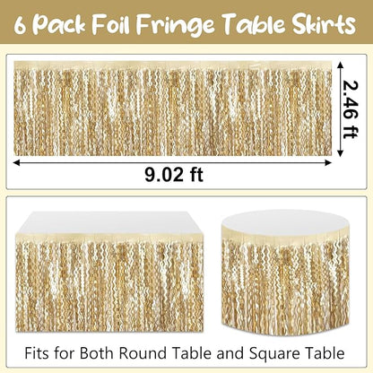 6 Pack 29 x108 Inch Champagne Gold Wave Foil Fringe Table Skirts Metallic Banner for Tinsel Streamer Garland Backdrop for Parade Floats, Mother's Day, Easter, Wedding, Birthday Party Decoration