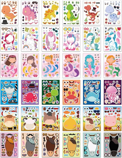 Aowplc 36 Pcs Make-A-Face Sticker Sheets Kids Party Favors Mix and Match Stickers with Dinosaurs, Mermaids, Unicorns, Horses, Farm & Sea Animals for Parties, Birthdays, Classroom Activities & Crafts