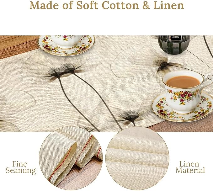 Abstract Floral Table Runner, Watercolor Transparent Beige Poppy Flowers Print Kitchen Dinning Table Runner for Indoor Outdoor Home Wedding Party Holiday, 13x108 Inch