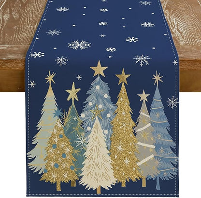 GEEORY Christmas Table Runner 13x36 Inch, Xmas Trees Snowflakes Holiday Decorative Farmhouse Table Decoration for Kitchen Dinning, Indoor Outdoor Dinner Party Decor (Blue) GT151-36