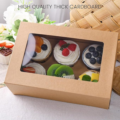 HANSGO 6 PCS Cupcake Boxes, 9.5x6.3x3.5 Inch Cupcake Containers Brown Pastry Boxes with Inserts 6 Holders for Muffins Pastry Strawberry, Party Supplies