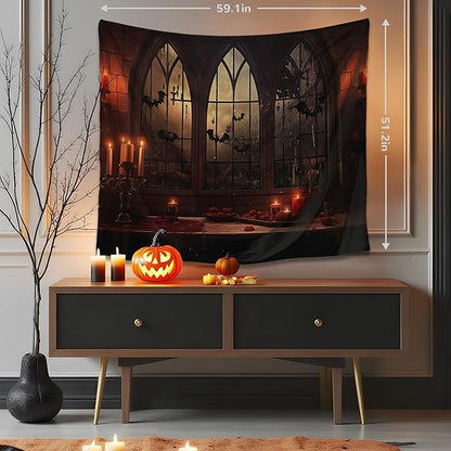 QGHOT Halloween Tapestry Wall Hanging Horror Castle Window Tapestry Gothic Spooky Backdrop Vampire Medieval Tapestries for Bedroom Living Room Dorm Wall Art Decor (59.1"x51.2")