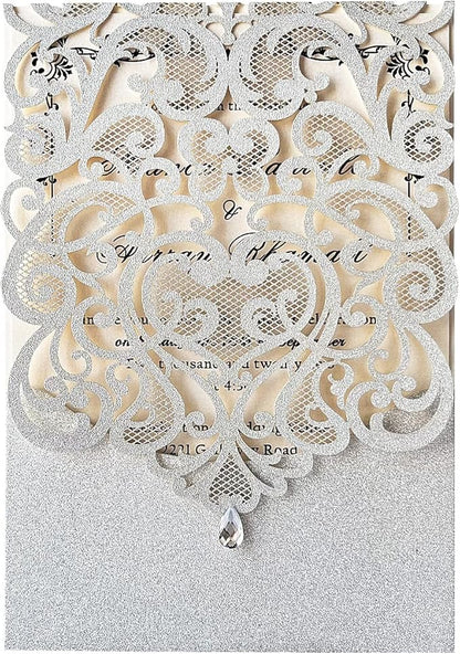 Hosmsua 5.1 x 7.3 Inch 50PCS Silver Glitter Wedding Invitation Cards with Rhinestone Laser Cut Hollow Flora Quinceanera Invitation with Envelopes for Bridal Shower Wedding Invite (Silver Glitter)