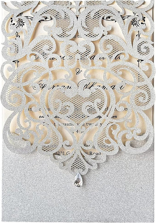 Hosmsua 5.1 x 7.3 Inch 50PCS Silver Glitter Wedding Invitation Cards with Rhinestone Laser Cut Hollow Flora Quinceanera Invitation with Envelopes for Bridal Shower Wedding Invite (Silver Glitter)