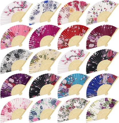 Aodaer 20 Pack Floral Folding Fans Chinese Style Handheld Fans Silk Bamboo Fans Decorative Fans for Wedding, Party Favors
