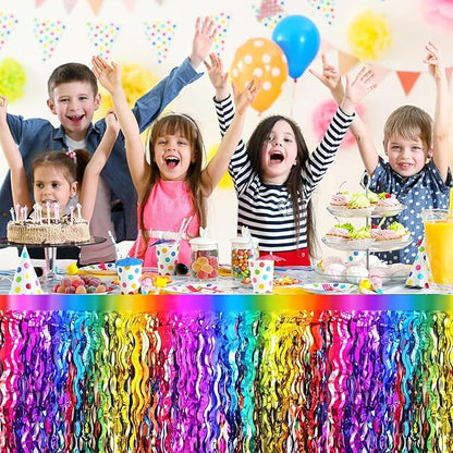 4P Wavy Metallic Tinsel Foil Fringe Table Skirts for Rectangle Tables Backdrop Garland Curtains for Parade Floats Wedding Birthday Parties Decoration Graduation 2025 Christmas (Rainbow)