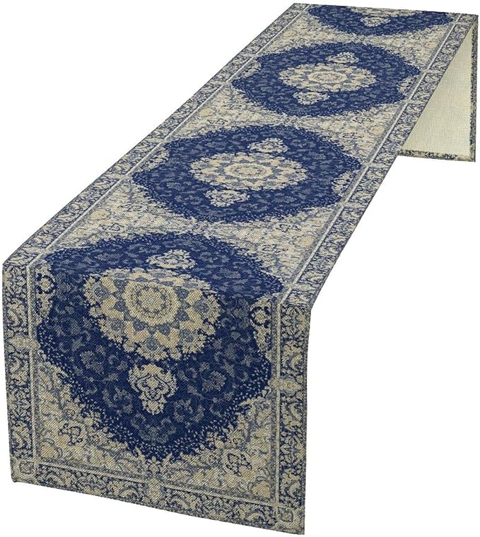 Boho Bohemia Style Dark Blue Table Runner, Country Rustic Farmhouse Magical Abstract Print Pattern for Home Kitchen Table Decor Dining Coffee Room Garden Party Decor 13x36in