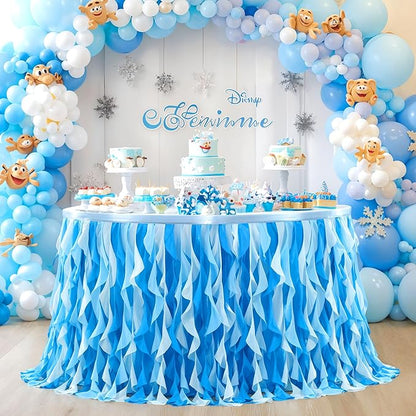PARTISKY Ocean Blue Tulle Tutu Ruffle Curly Willow Table Skirt for Rectangle Table 6ft,Under The Sea Baby Shark Themed Table Cloth for Boys Girls Birthday Party or Baby Shower
