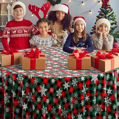 12Pcs Christmas Buffalo Plaid Snowflake Party Tablecloths Decorations,Plastic Red and Green Checkered Round Table Cover for Winter Christmas New Year Birthday Holiday Party Decorations,84 inch