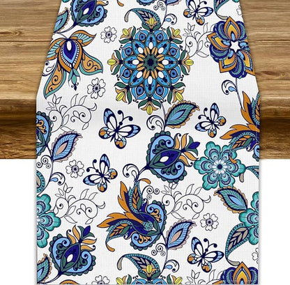 Oriental Paisley Table Runner, Luxury Vintage Blue Teal Floral Butterflies Print Table Runner for Home Dining Kitchen Coffee Table Party Decor, 13x90inch