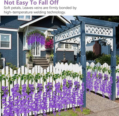 24Pack Purple Wisteria Hanging Flowers, 3.44 Ft Fake Hanging Flowers, Artificial Wisteria Garland Vines for Wedding Room Backdrop Outdoor Patio Garden Decoration