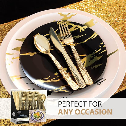 Plastic Cutlery Silverware Extra Heavyweight Disposable Flatware, Full Size Cutlery Combo, Gold Pebbled, 80 Forks, 40 Spoons, 40 Knifes, Value Pack 160 Count