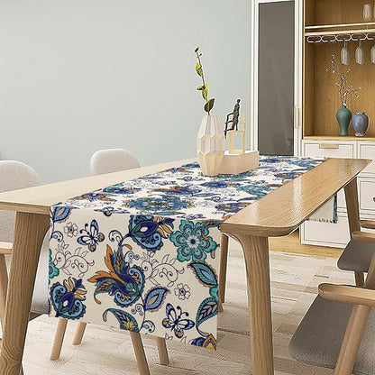 Oriental Paisley Table Runner, Luxury Vintage Blue Teal Floral Butterflies Print Table Runner for Home Dining Kitchen Coffee Table Party Decor, 13x36inch