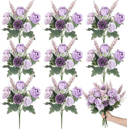Zeyune 8 Pcs Wedding Silk Flowers Fake Silk Flowers Faux Bouquet Hydrangea Bouquets for Wedding Birthday Party Table Centerpieces Home Decoration (Purple,Rose)