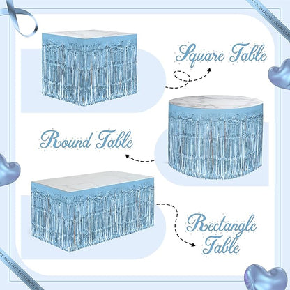 4 Pack Light Blue Table Skirts, 29x108" Metallic Foil Tinsel Fringe Table Skirts for Rectangle Tables Streamer Curtains Backdrop, Party Decorations for Birthdays Weddings Holidays