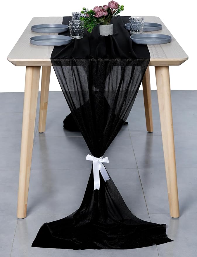 MDS 2 Pack 10ft Chiffon Table Runner 29 x 120 Inches Sheer Wedding Runner Romantic Rustic Table Runner for Wedding Decorations, Birthday Parties, Bridal Shower Party Arch Decor - Black