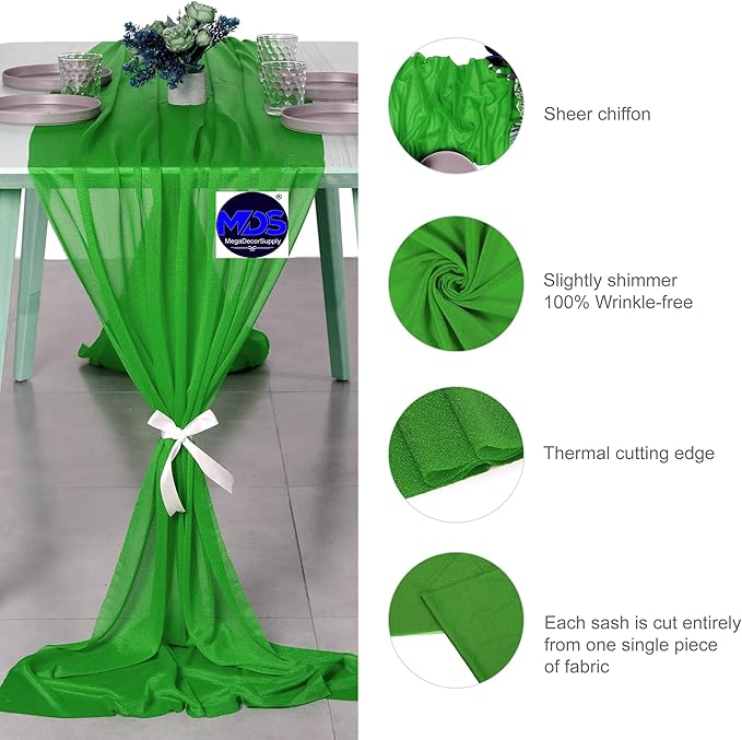 MDS 2 Pack 14ft Chiffon Table Runner 29 x 170 Inches Sheer Wedding Runner Romantic Rustic Table Runner for Wedding Decorations, Birthday Parties, Bridal Shower Party Arch Decor - Green