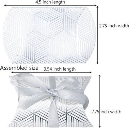 Aokbean 100 Pack Mini Pillow Candy Box Small Gift Boxes with 50 Yards Ribbon for Christmas Wedding Party Favor Gift, Jewelry or Soap Packaging (Silver Stripes)