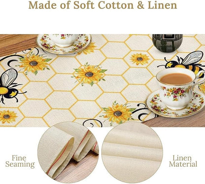 Bee Sunflower Table Runner, Farmhouse Orange Honeycomb Vintage Spring Summer Flowers Print Table Cover for Party Wedding Home Kitchen Dining Table Decor, 13x36inch