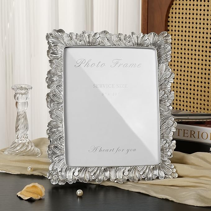 Cuspin 8x10 Picture Frame Silver, Vintage Silver Palm Leaves Textured Hand-Crafted Resin with Glass Front, Elegant Retro Design Photo Frame for Wall and Tabletop Display Home Decor