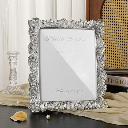 Cuspin 8x10 Picture Frame Silver, Vintage Silver Palm Leaves Textured Hand-Crafted Resin with Glass Front, Elegant Retro Design Photo Frame for Wall and Tabletop Display Home Decor