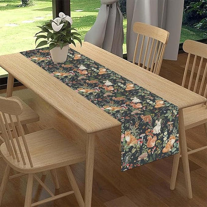 Rustic Forest Table Runner, Farmhouse Wild Woodland Animals Country Fox Rabbits Mushroom Botanical Green Table Center Decor for Home Kitchen Dining Patio Holiday Party, 13"x72" Inch