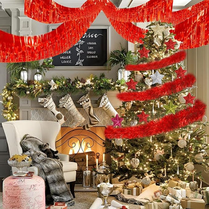 Red Foil Fringe Garland 10FT 2packs, Metallic Foil Tinsel Fringe Banners for Parade Float Decorations Wedding, Birthday Party Graduation (Two Red)