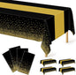 4Pack Black and Gold Tablecloths for Events, 54" x 108" Plastic Table Cloth Disposable for Rectangle Tables, Waterproof Table Cloth Cover for New Years Eve Decorations Holiday Birthday Wedding Dining