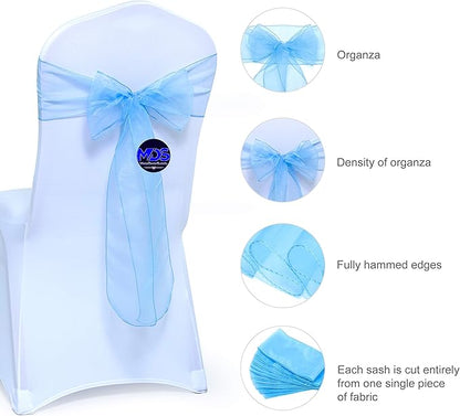 MDS Pack of 75 PCS Organza Chair Sashes Wider Dining Chair Bows Ribbon Tie Back for Wedding Party Birthday Bridal Shower Reception Event Banquet Home Chair Cover Decoration - Baby Blue