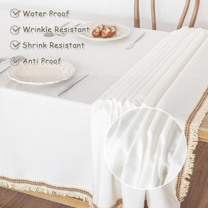 MYSKY HOME Table Cloth, Waterproof Tablecloths for Rectangle Tables, Cotton Rustic Tablecloths, White Table Coths Heavy Duty with Linen Tassels for Kitchen Dining, Party, Holiday, Christmas, 55''x86''