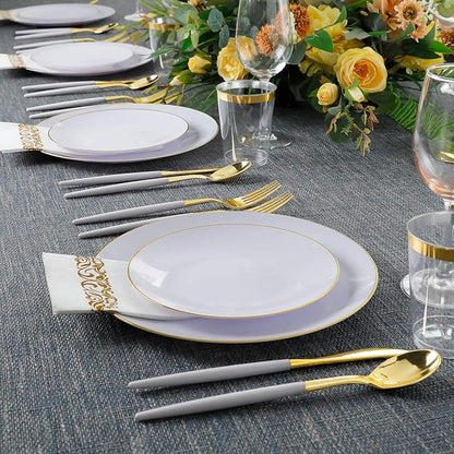 Supernal 350pcs Gold Plastic Dinnerware Set for 50 Guests,Fancy Disposable Plates for Party,Gold Plastic Silverware with White Handle,Disposable White Plates Wedding,Birthday