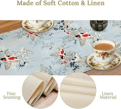 Kio Fish Table Runner Waves Retro Japanese Tradition Art Printed Burlap Runner Home Kitchen Dining Table Living Room Decor Fabric 1 Panel W13xL90in