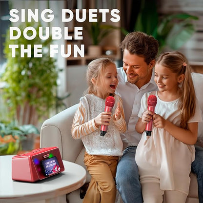 MASINGO Karaoke Machine for Adults and Kids with 2 Wireless Microphones, Portable Bluetooth Singing Speaker, Colorful LED Lights, PA System, Lyrics Display Phone Holder, and TV Cable. Presto G2 Pink