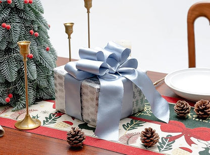 Light Blue Satin Wired Ribbon 2-1/2 Inch Double-Faced Sliver Glitter Christmas Ribbons for Wreath, Tree Decoration, Gift Wrapping, Home Decor 10 Yards