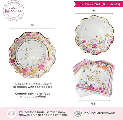 Kate Aspen Baby in Bloom 62 Piece Party Tableware Set Baby Shower Party Decorations Plates & Napkins, Vibrant Floral Botanical (16 Guests)- Perfect for Greenery Baby Shower
