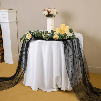 Snowkingdom Black Table Runner, 10FT Sheer Tulle Cheesecloth Gauze Metallic Mesh Foil Table Decoration for Halloween, Party, and Christmas