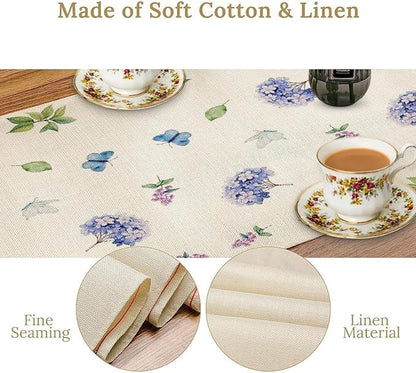 Spring Hydrangea Flower Table Runner, Seasonal Summer Plants Watercolor Florals Butterfly Dinner Runner for Home Kitchen Dining Table Party Holiday Decoration 13"x70"