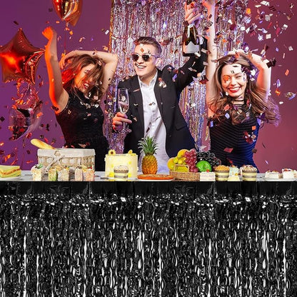 4P Wavy Metallic Tinsel Foil Fringe Table Skirts for Rectangle Tables Backdrop Garland Curtains for Parade Floats Wedding Birthday Parties Decoration Graduation 2025 Christmas (Black)