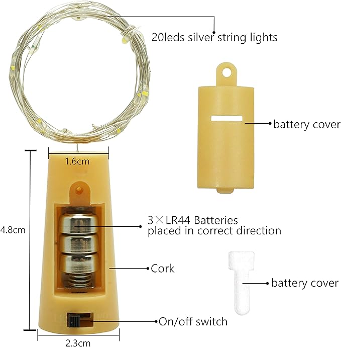 20 LED Wine Bottle Lights with Cork, 15 Pack Battery Operated Cork Shape Fairy Light Waterproof Mini Copper Silver Wire String Lights for Party, Wedding, Christmas, Bedroom Decor (Cold White)
