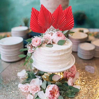 Gyufise 6Pcs Paper Palm Fan Cake Toppers Palm Spear Leaves Fan Cupcake Toppers Cake Insert Decorations Craft DIY Cake Bakeware Decoration for Birthday Party Wedding Party Decor Supplies Red
