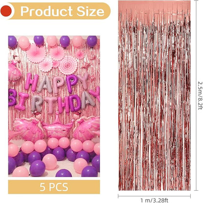 5 Pack Rose Gold Fringe Backdrop 3.2ft x 8.2ft Foil Curtain Tinsel Fringe Curtains for Birthday Party Decoration Wedding Christmas Decoration