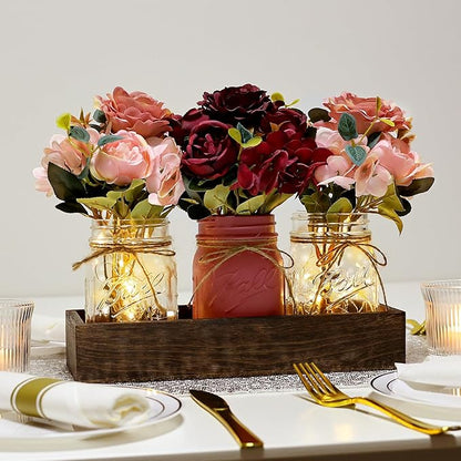 Mason Jar Lights Centerpiece for Table, Mason Jar Centerpiece Decor for Dining Room Farmhouse Coffee Table Decor with Wood Tray Fairy Lights Peony Flowers for Kitchen Living - Burgundy Pink