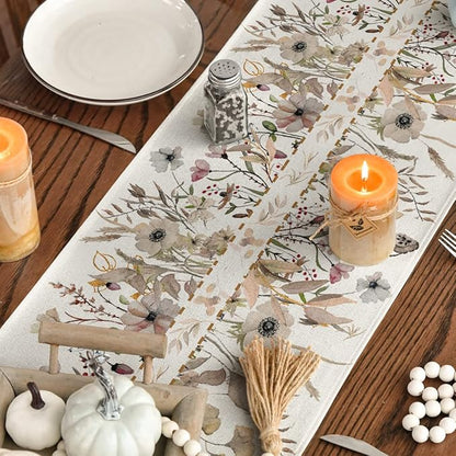 Artoid Mode Wildflower Leaves Floral Fall Table Runner, Autumn Thanksgiving Kitchen Dining Table Decoration for Indoor Outdoor Home Party 13x90 Inch