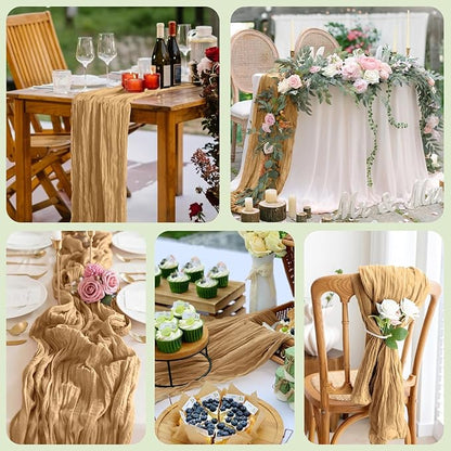 Asee'm 2pcs Cheesecloth Table Runner 120 Inches Long Khaki Boho Gauze Cheese Cloth Runner 10FT Rustic Sheer Table Runners for Christmas Wedding Party Baby Shower Spring Easter Decoration