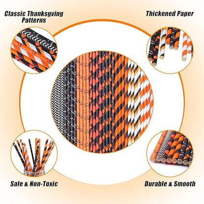 Cooraby 200 Pieces Halloween Paper Straws Biodegradable Drinking Stripe Bicolor Stripe Dot Straw Mix for Wedding Supplies and Party Favors, 8 Styles (Black and Orange)